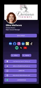 FasTap — a shared business card as the recipient sees it: photo, role, a save-contact button, social links and direct call, email and address rows