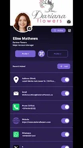 FasTap — the profile editor, with a switch beside each address, email, phone and website entry to show or hide it