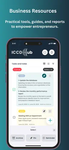 ICCD Hub — store listing for the business resources feature, showing the app's tasks and notes list