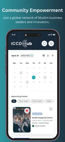 ICCD Hub — store listing for community events, showing the app's calendar and upcoming events