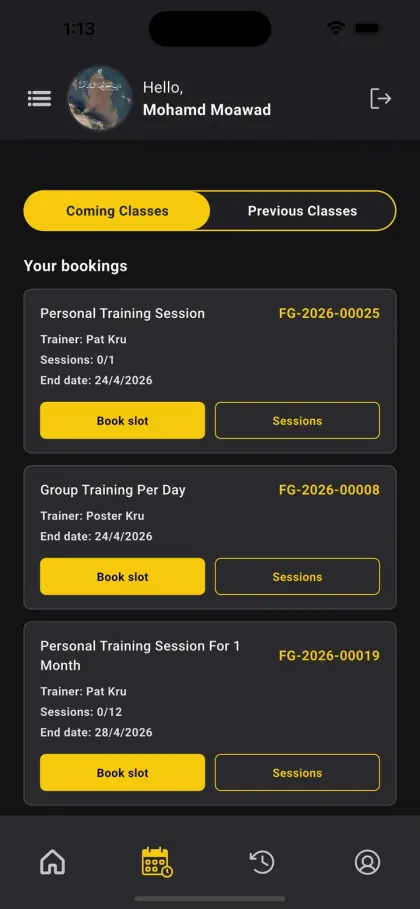 Q-Fight Gym app — a member's bookings, each card showing the trainer, sessions used and end date