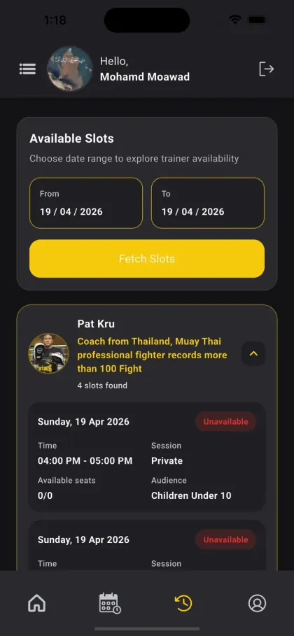 Q-Fight Gym app — searching a trainer's availability over a date range, with the time, session type and free seats for each slot