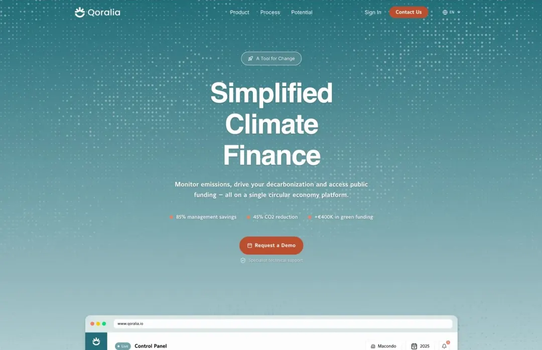 Qoralia — the platform's public home page, headed 'Simplified Climate Finance', with a preview of the control panel below