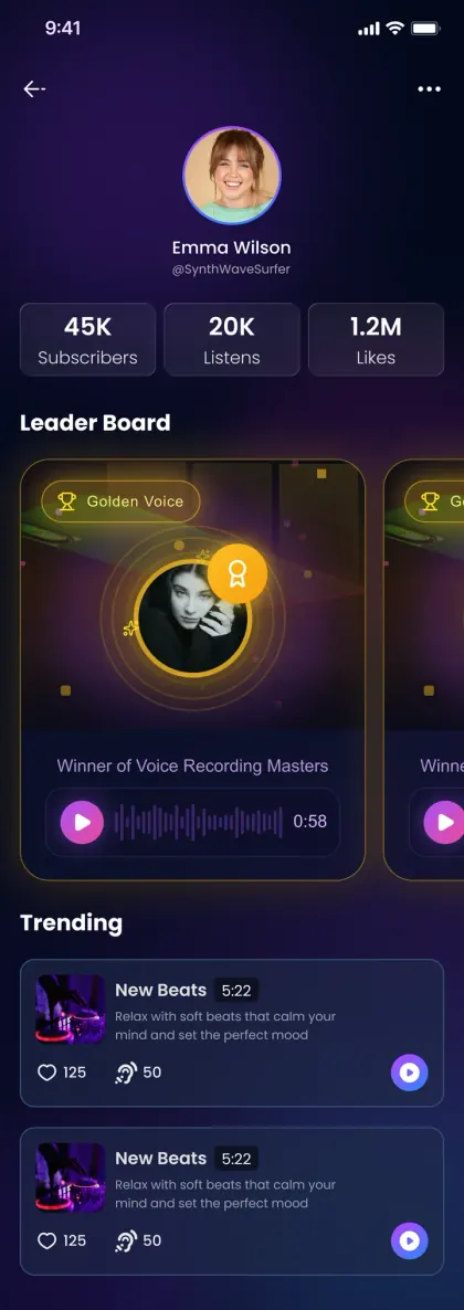 Voicers app — a creator profile with subscriber, listen and like counts, a leaderboard of winning voice notes and a trending list