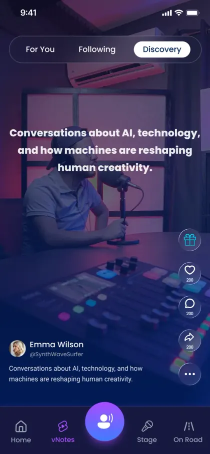 Voicers app — the discovery feed, playing a creator's post with gift, like, comment and share controls