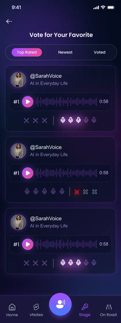 Voicers app — voting on voice notes, filtered by top rated, newest and already voted
